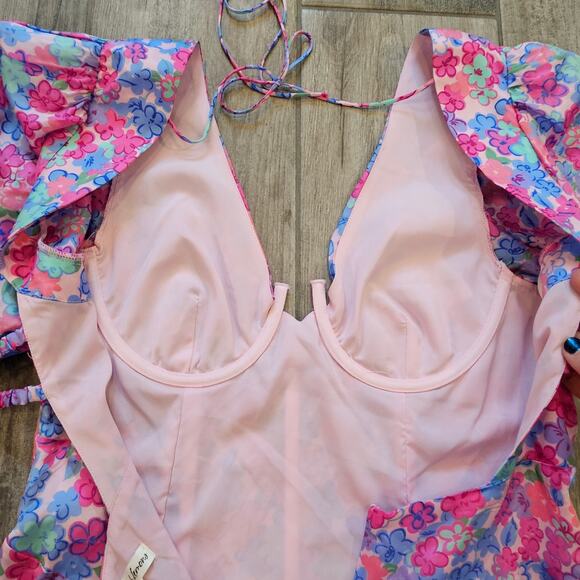 For Love & Lemons Angie Mini Dress Womens L Blue Pink Floral Corset Puff Sleeve - Picture 13 of 16